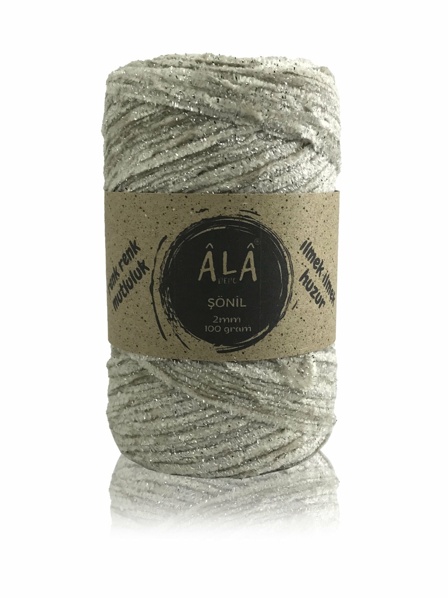 Şönil İplik Kadife 2mm 100 Gram Krem Simli 03