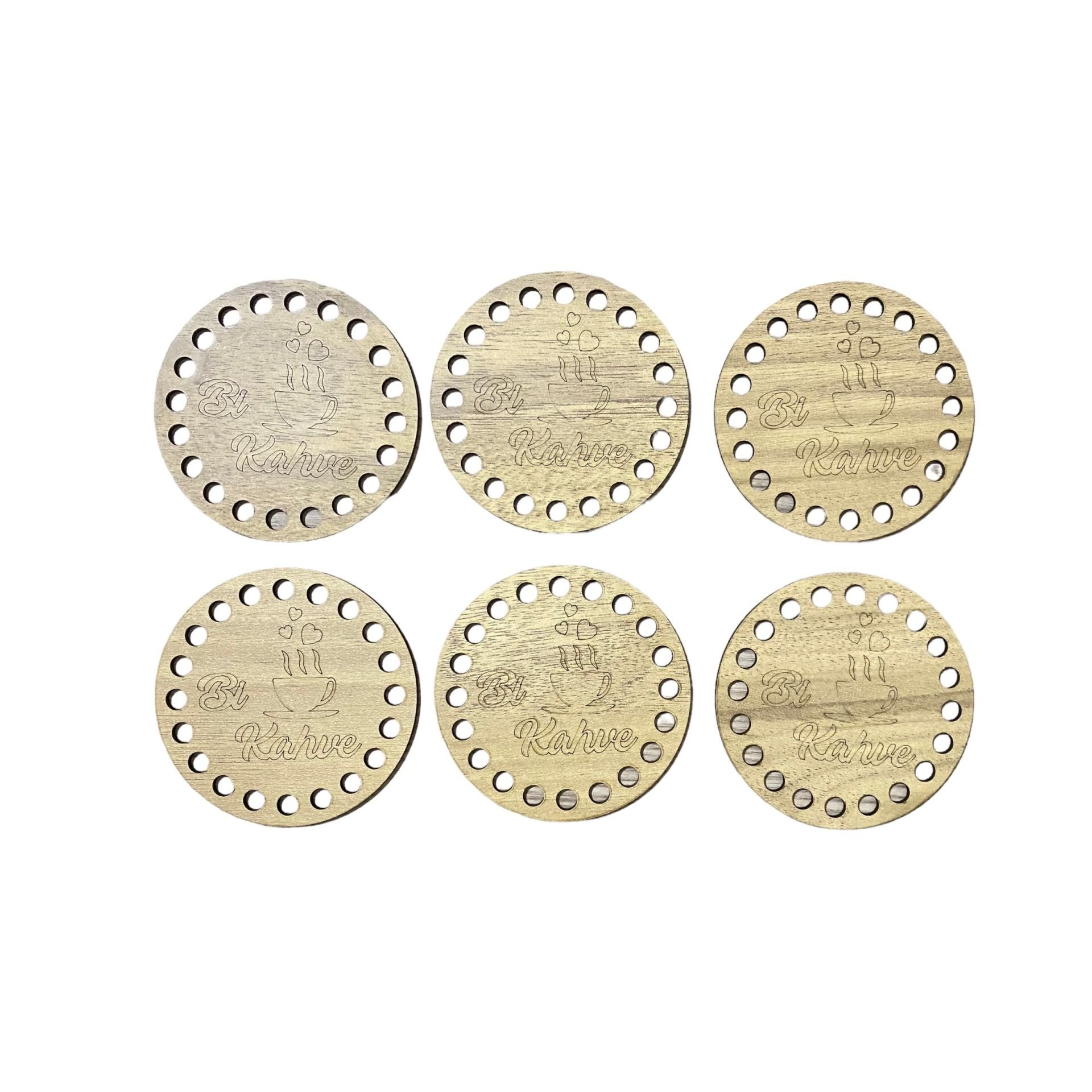 Ahşap Bardak Altlığı Açık Meşe  Bi Kahve Yazılı (6 adet)