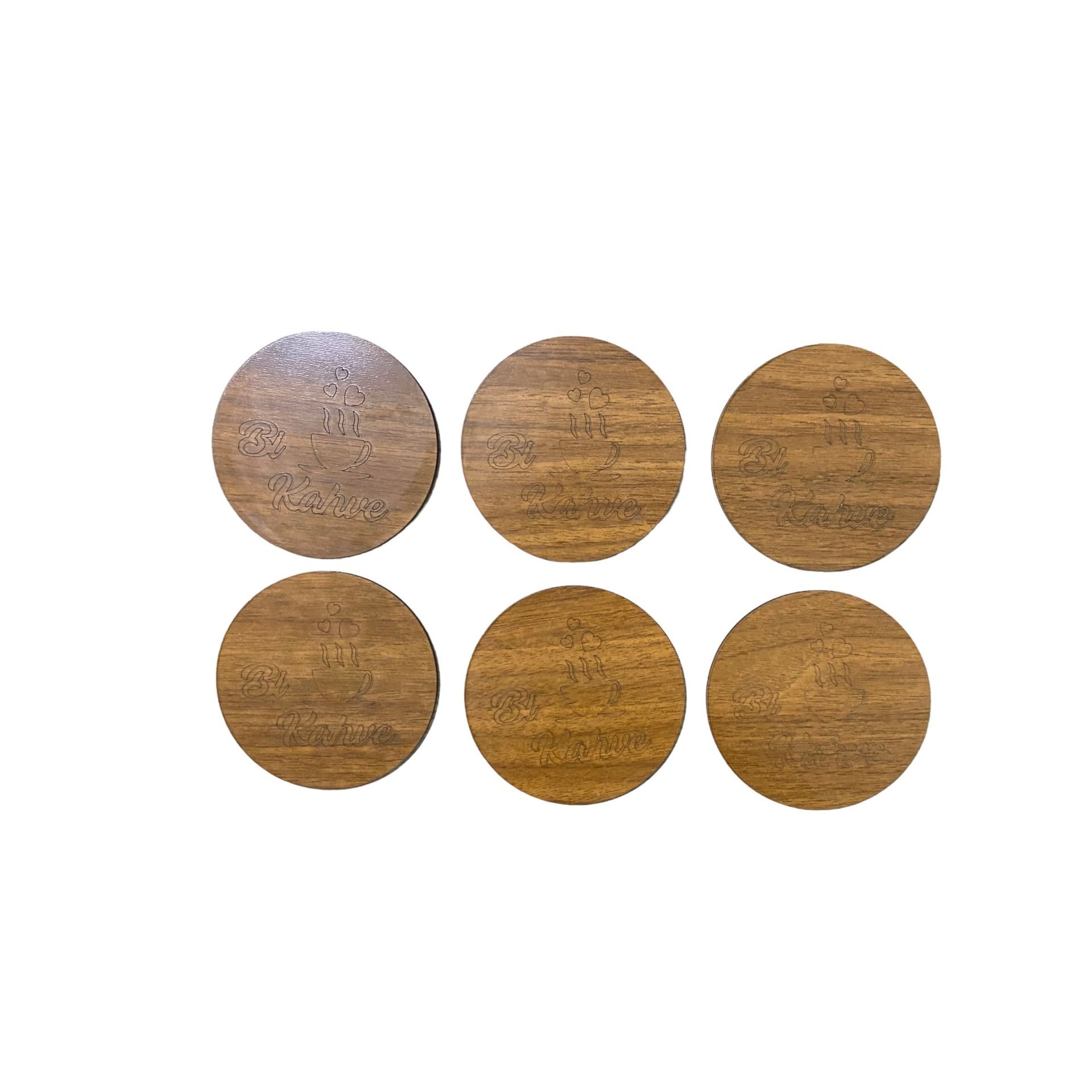 Ahşap Bardak Altlığı Ceviz Bi Kahve Yazılı Deliksiz  (6 adet)