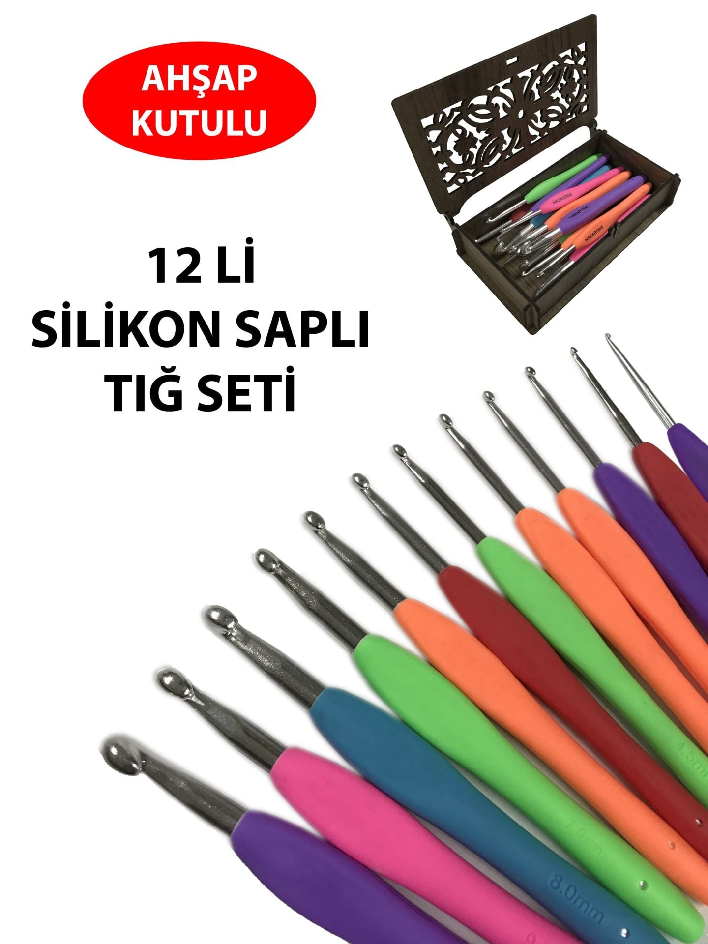 Renkli Elastik Silikon Saplı 12 Farklı Numaralı Makrome Örgü Tığ Seti (Özel Ahşap Kutulu)
