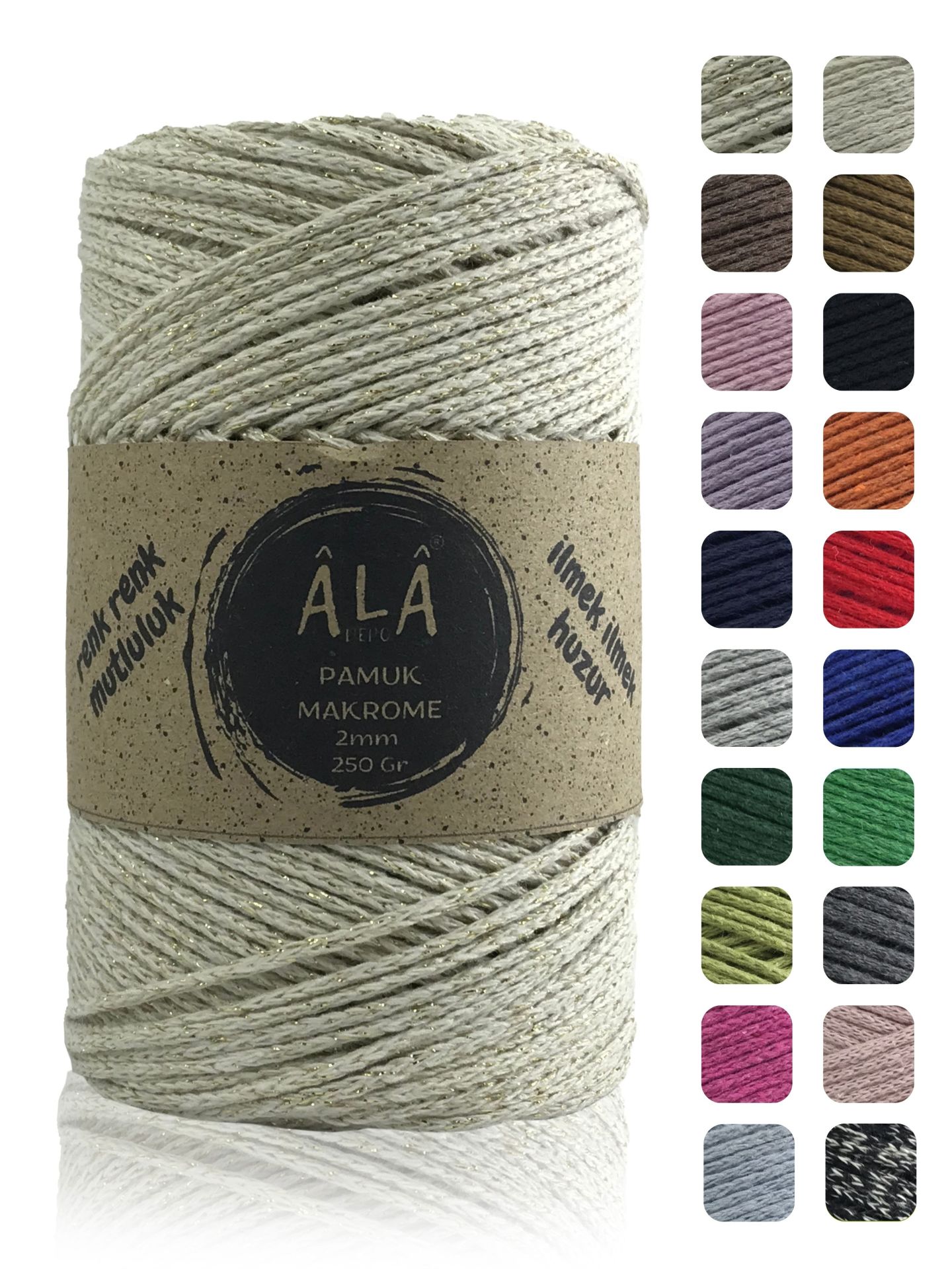 Pamuk Makrome İpi 2mm Cotton Zincir Makrome Çanta İpi Supla İpi Koton İp 250 Gram Ekru Simli (Gold)