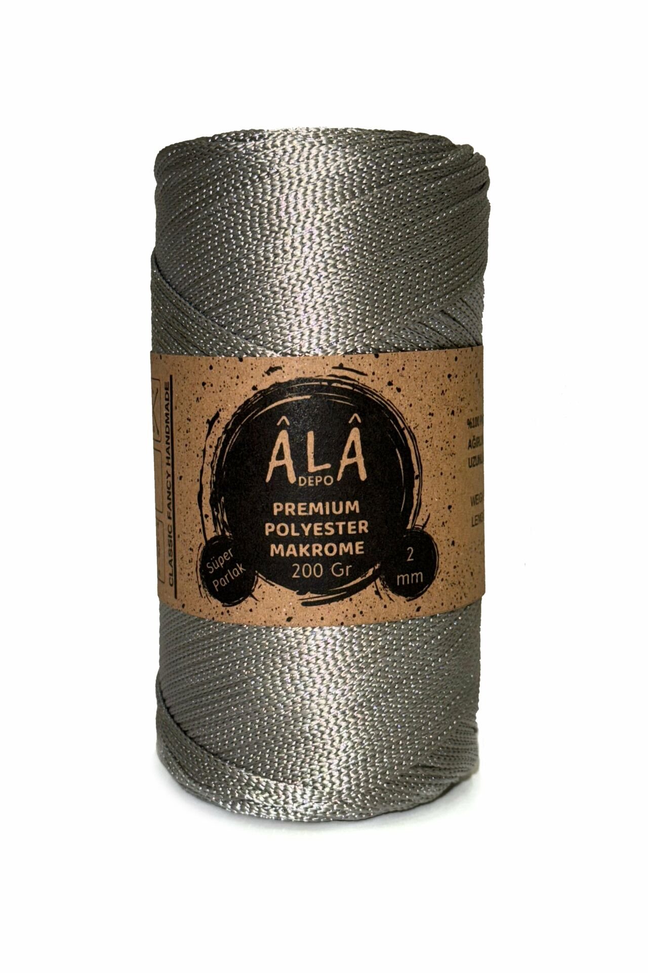Premium Polyester Makrome İp (Süper Parlak) 2mm - 200 Gram Gümüş