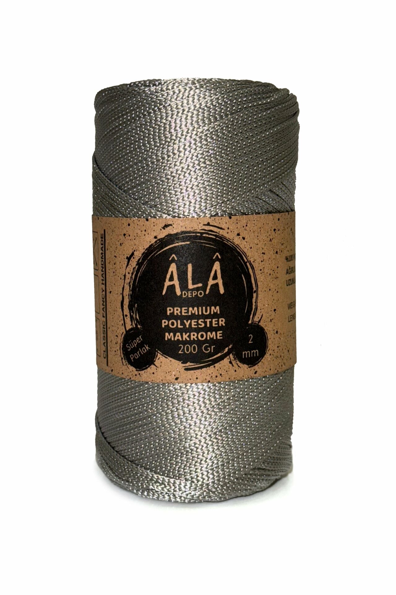 Premium Polyester Makrome İp (Süper Parlak) 2mm - 200 Gram Gümüş