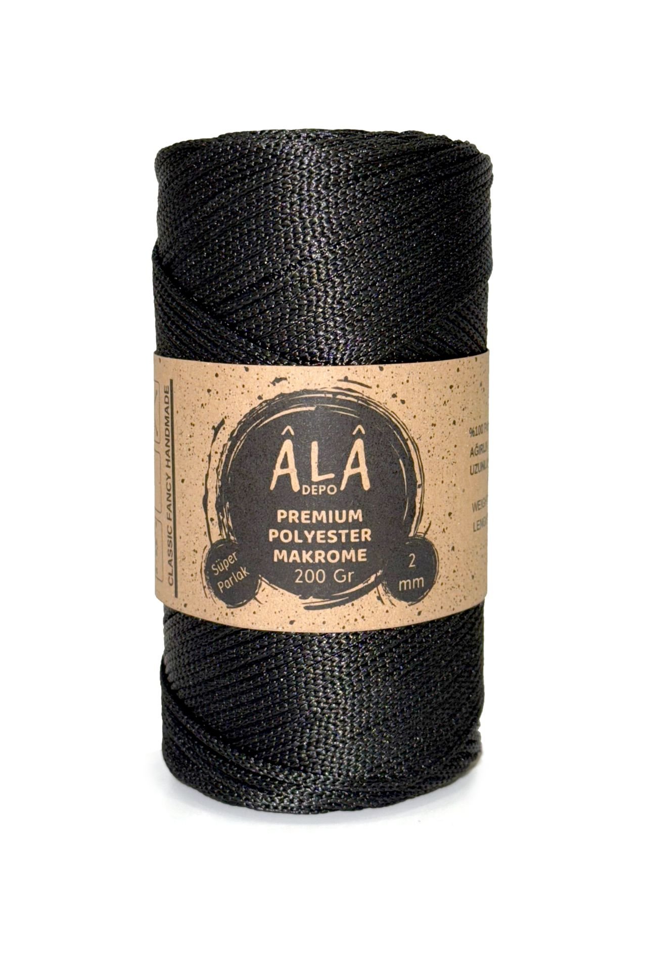 Premium Polyester Makrome İp (Süper Parlak) 2mm - 200 Gram Siyah