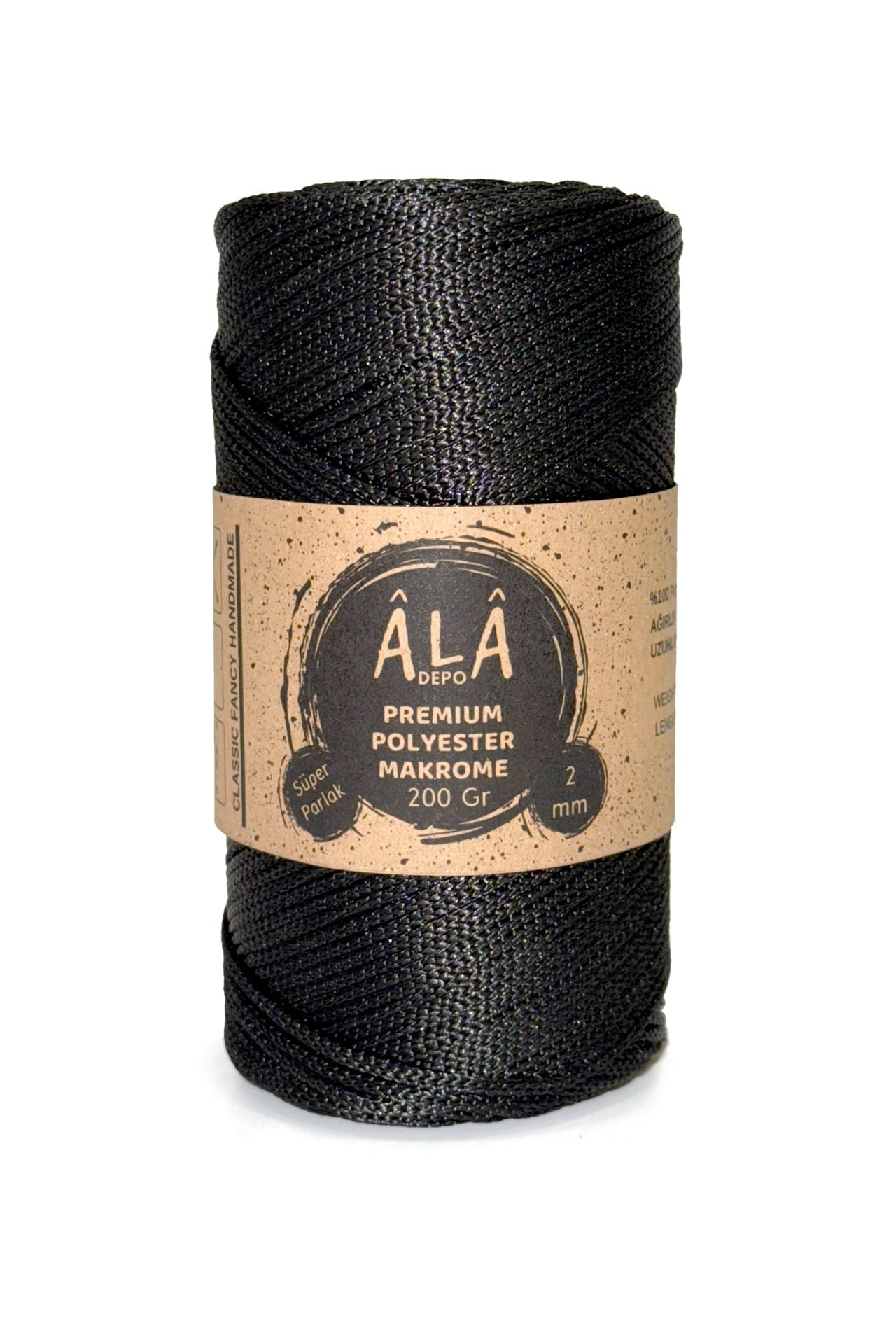 Premium Polyester Makrome İp (Süper Parlak) 2mm - 200 Gram Siyah