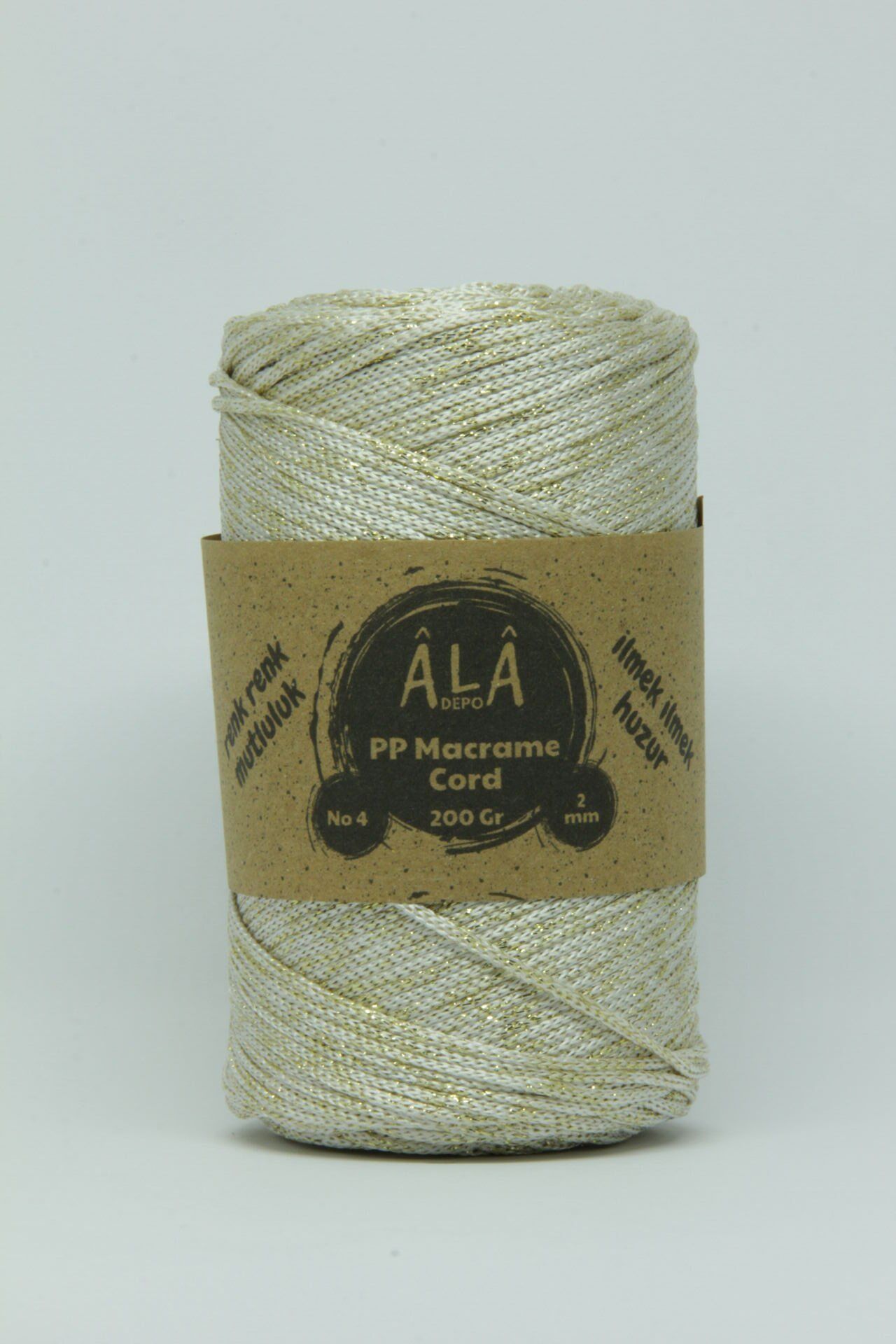 2 mm - 200 gr Polyester (PP) Makrome İpi 230 Mt Krem Üzeri Gold Simli