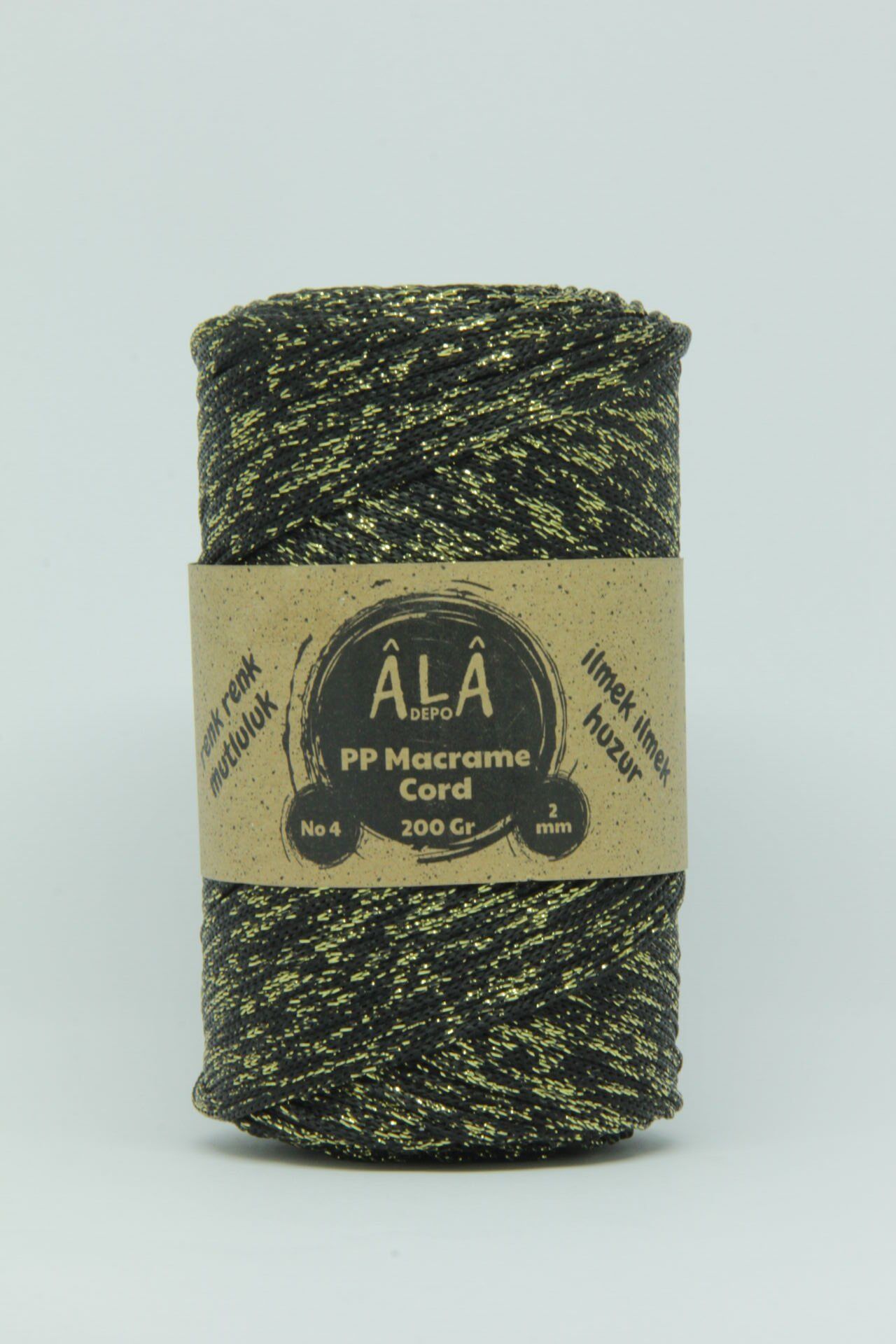 2 mm - 200 gr Polyester (PP) Makrome İpi 230 Mt Siyah Üzeri Gold Simli