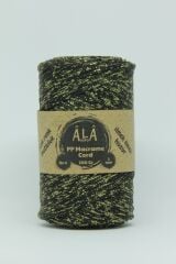 2 mm - 200 gr Polyester (PP) Makrome İpi 230 Mt Siyah Üzeri Gold Simli