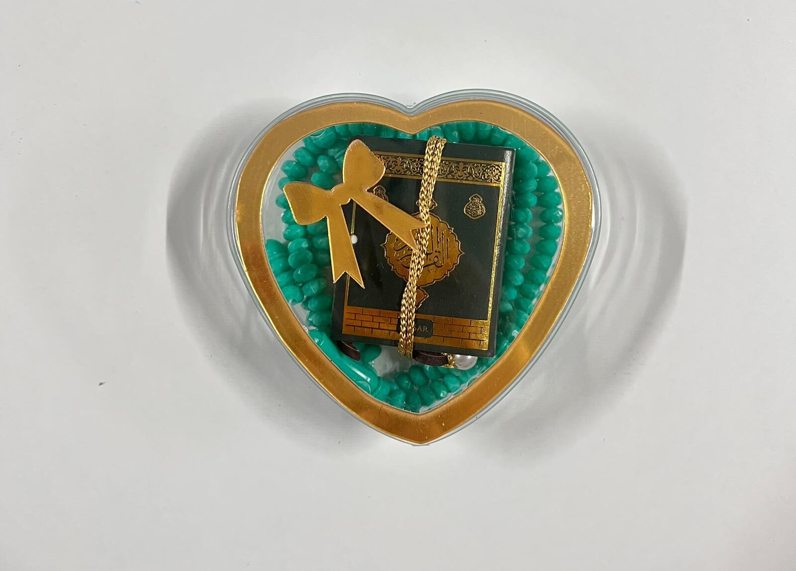 ŞEFFAF KALP KUTULU MİNİ KURAN VE TESBİH SET