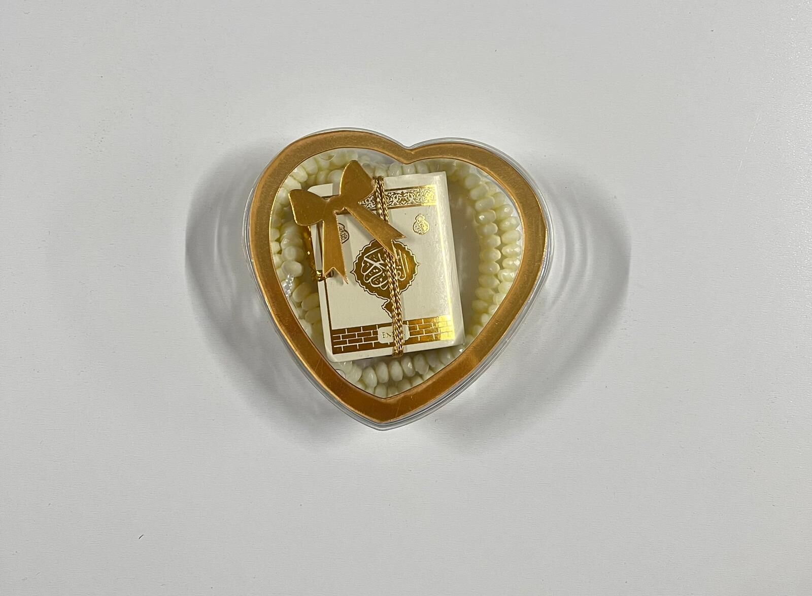 ŞEFFAF KALP KUTULU MİNİ KURAN VE TESBİH SET